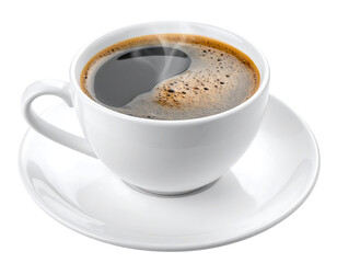 Fototapeta premium Steaming Cup of Black Coffee on White Saucer