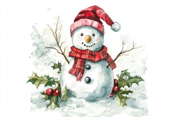 Watercolor snowman spreads Christmas cheer with a friendly smile and snowflake-filled background