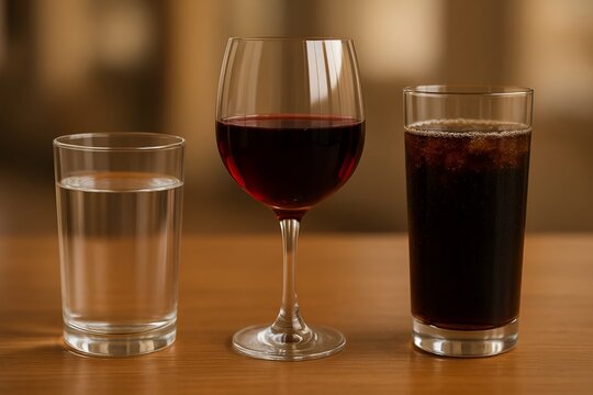 A glass of water beside untouched wine and soda glasses, representing abstemious drinking habits.