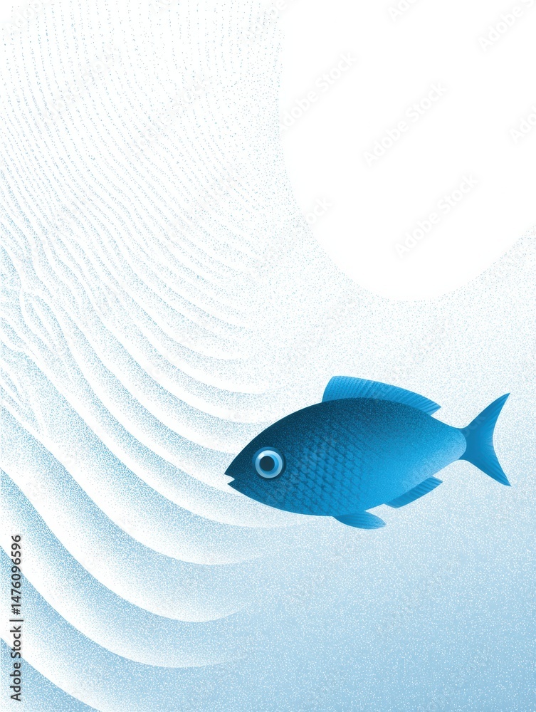 Poster minimalist blue fish logo design with water ripple texture and clean white space creating a modern a