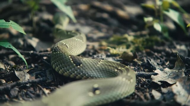 Detailed Close Up of Green Snake Crawling Across Forest Floor with Dead Leaves