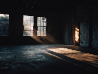 Sunlight streams through windows into empty warehouse space, creating dramatic light and shadow, industrial style, interior shot