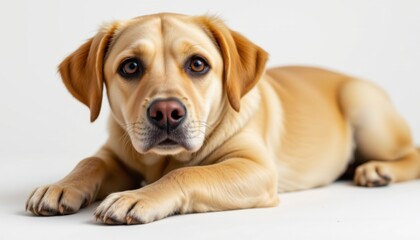 Charming labrador dog lying gracefully indoor studio pet photography minimalistic background close-up view adorable canine