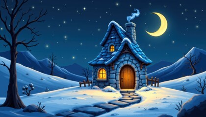 Fototapeta premium Cozy winter cottage snowy landscape digital art night scene whimsical view tranquil atmosphere