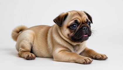 Obraz premium Playful pug puppy indoor studio pet photography minimalist setting close-up perspective adorable canine concept
