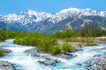 北アルプスと松川（白馬村・５月）  © Mugi
