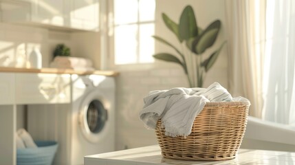 A basket of white towels sits on a table in a washing room