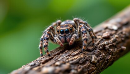 Naklejka premium Jumping spider on a branch in a lush garden macro photography close-up view nature concept