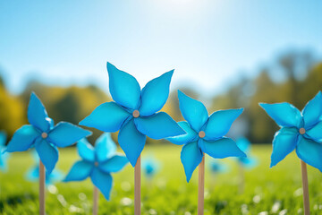 field of blue pinwheels in the middle of a field
