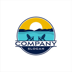 Adirondack chairs lake logo in badge with classic style design