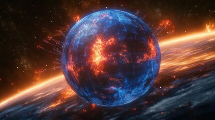 Fototapeta premium Burning Digital Planet Fiery Network Globe