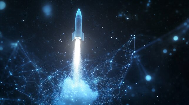Futuristic rocket launch into a digital network