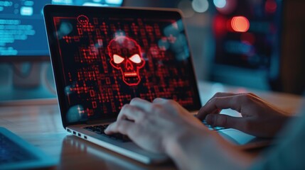 A person is typing on a laptop with a red triangle alert on the screen