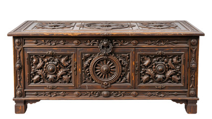 Front-Facing Antique Albanian Wedding Chest (Sanduk) with Intricate Carvings and Faded Paint on Pure White Background