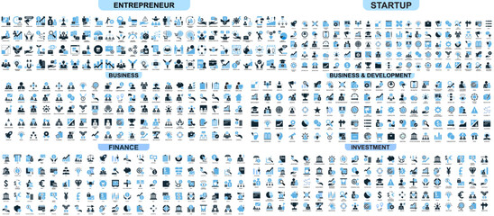 Mega set entrepreneur startup business and development finance and investment icon vector for economy. Ideal for startup kit, economy tools, and venture visuals.