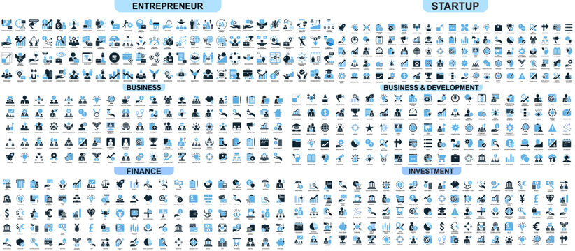 Mega set entrepreneur startup business and development finance and investment icon vector for economy. Ideal for startup kit, economy tools, and venture visuals.
