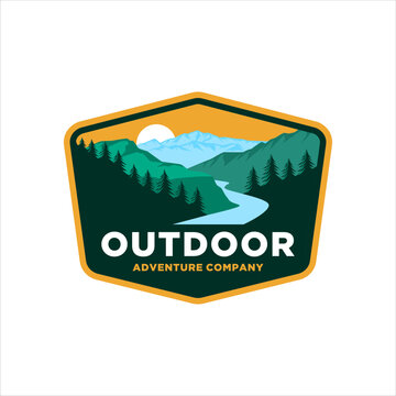 River hill valley logo with mountain background in vintage style badge design
