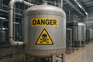 Close-up of industrial chemical tank with danger signage, part of a large-scale storage system in manufacturing facility