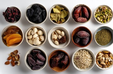 Assorted Dried Fruits, Nuts, and Seeds Displayed in Bowls on White Background for Culinary Inspiration and Healthy Lifestyle Concepts