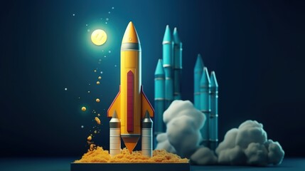 Fototapeta premium Rocket launched meaning showing successful growing start up business on blue background. Generate AI