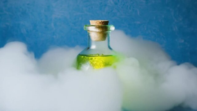 Magic potion bottle glowing and bubbling in smoke background