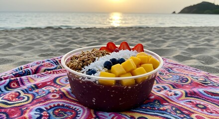 Acai Bowl on Beach with Fruit Toppings