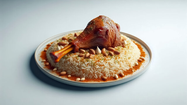 White mandhi rice served with goat meat and chickpeas for Eid celebration