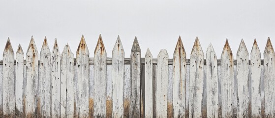 Weathered White Picket Fence Stretching Across Frame with Peeling Paint and Rust in Rural Setting Simple Composition