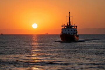 arafed boat in the ocean at sunset with a ship in the distance