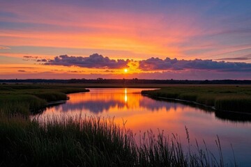 arafed view of a sunset over a marsh with a body of water