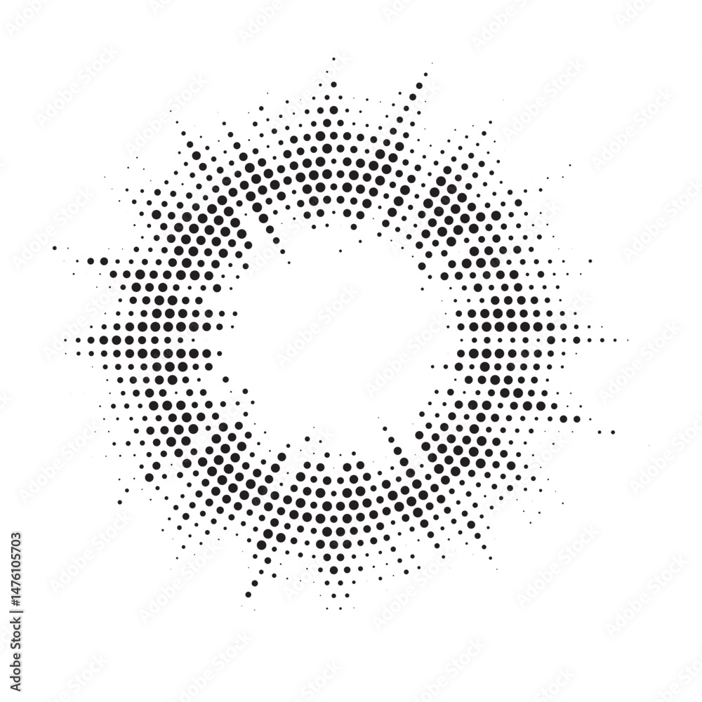Poster Burst Halftone light effect. Glowing light burst. abstract grunge halftone dots background. Vector illustration.