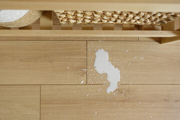 Milk spill on wooden floor near woven basket and placemat