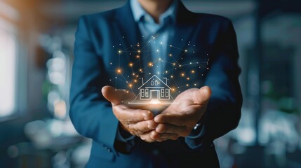 Businessman holding virtual holographic screen of real estate icon