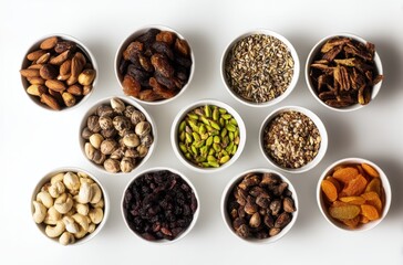 Assorted Nuts and Dried Fruits in Bowls Arranged on a White Background Ideal for Healthy Snack Options and Culinary Presentation