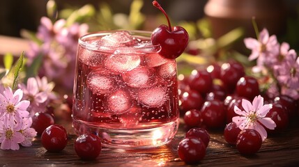 Cherry Soda: A chilled glass of vibrant cherry soda, adorned with ripe cherries and delicate flowers. The bubbly effervescence of the drink dances with the freshness of the cherries and blooms.