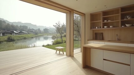 Fototapeta premium Light-filled modern kitchen with panoramic views.