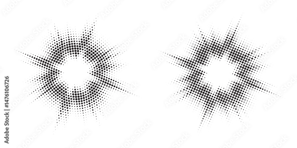 Poster Halftone circle frame background set. Round border Icon using halftone random circle. Grunge circular stain. Vector illustration.