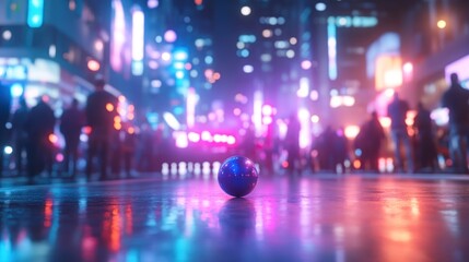 Fototapeta premium A solitary blue sphere on a city street at night