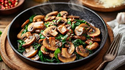 mushrooms stewed with spinach and hot pepper on a dark background