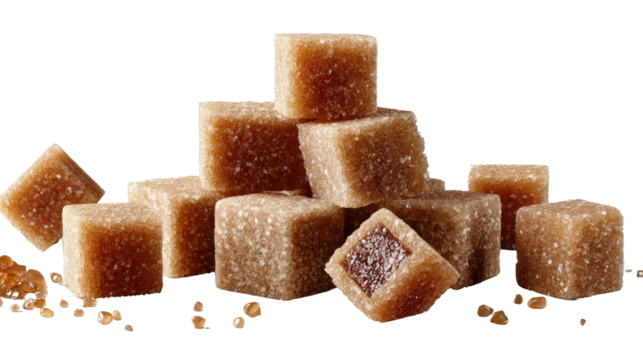 Sweet Stack: A close-up shot showcases a pile of brown sugar cubes. Perfect for culinary concepts and sweet-themed projects.