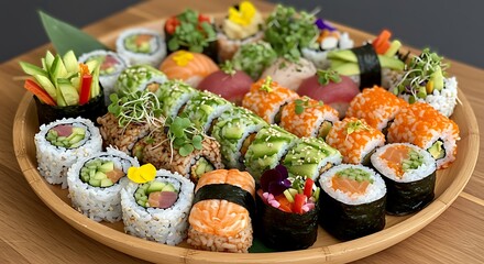Sushi Platter with Colorful Rolls and Fresh Ingredients