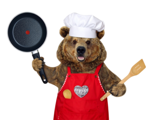 Brown Bear Chef Holding Frying Pan and Spatula