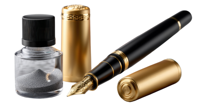 Elegant Writing Essentials: A sophisticated composition of a luxury fountain pen, a bottle of ink, and a golden pen container.