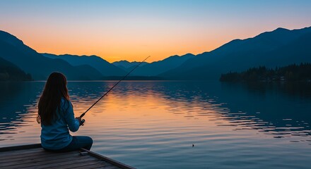 Woman Fishing at Sunset Lake with Mountain Views