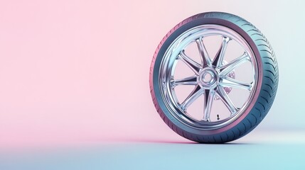 Chrome motorcycle tire on pastel background