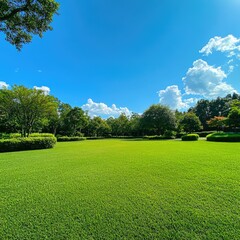 Obraz premium Lush green lawn under a vibrant blue sky, dotted with fluffy white clouds and surrounded by leafy trees