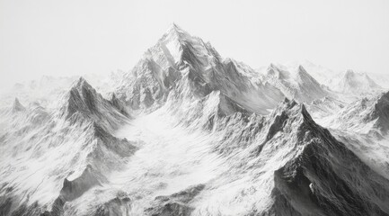 Majestic snow-capped mountain range, peaks, and valleys.  A grayscale depiction of a serene, high-altitude landscape