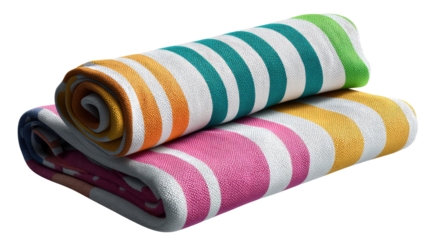 Striped Towels: Two colorful rolled towels create a vibrant and refreshing visual, perfect for summer relaxation. Embrace the joy of summer days with this colorful striped towel and beach accessory!