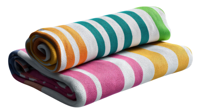 Striped Towels: Two colorful rolled towels create a vibrant and refreshing visual, perfect for summer relaxation. Embrace the joy of summer days with this colorful striped towel and beach accessory!