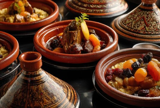 Authentic Moroccan Cuisine with Colorful Tagines Displayed on a Dark Surface Showcasing Vibrant Ingredients and Rich Flavors of Traditional Dishes
